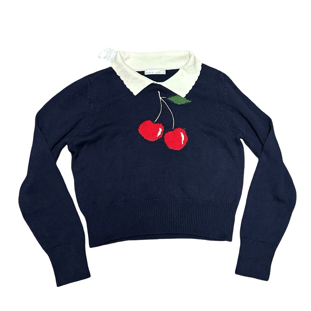 Kaily K Cherry Collared Sweater Lightweight Womens XL Navy Blue White